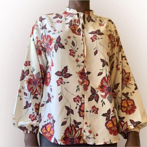 H&M White and Orange Long Sleeve Tie Front Blouse - Picture 3 of 6